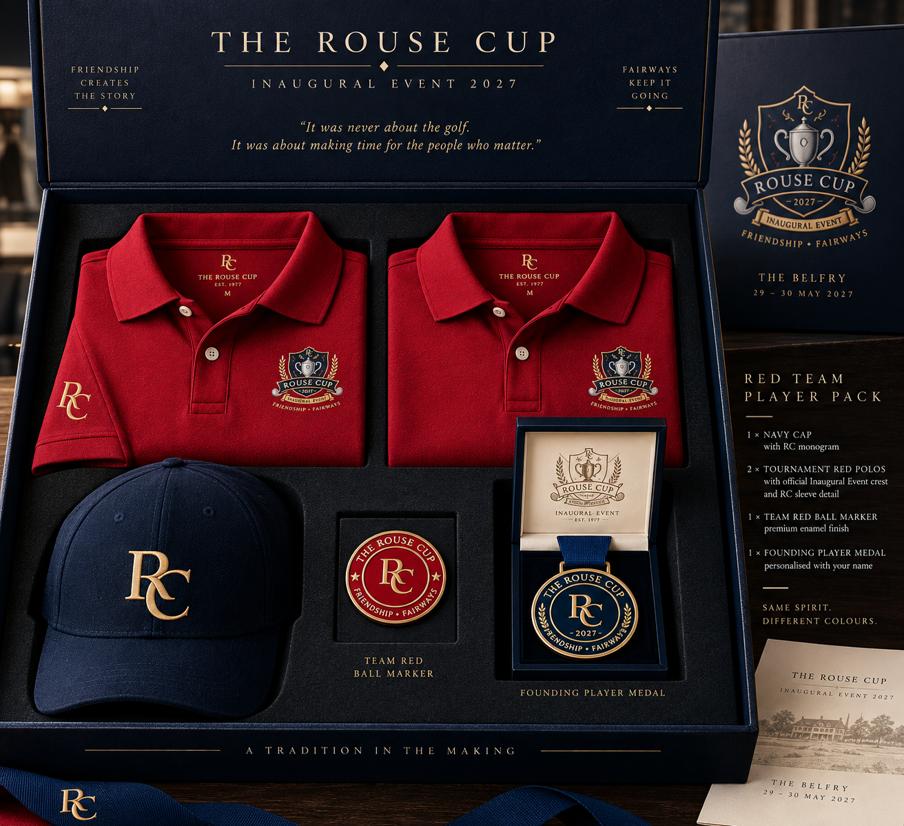 The Rouse Cup Bears Player Pack — presentation box with two Tournament Red polos, navy RC cap, Bears ball marker and Founding Player medal