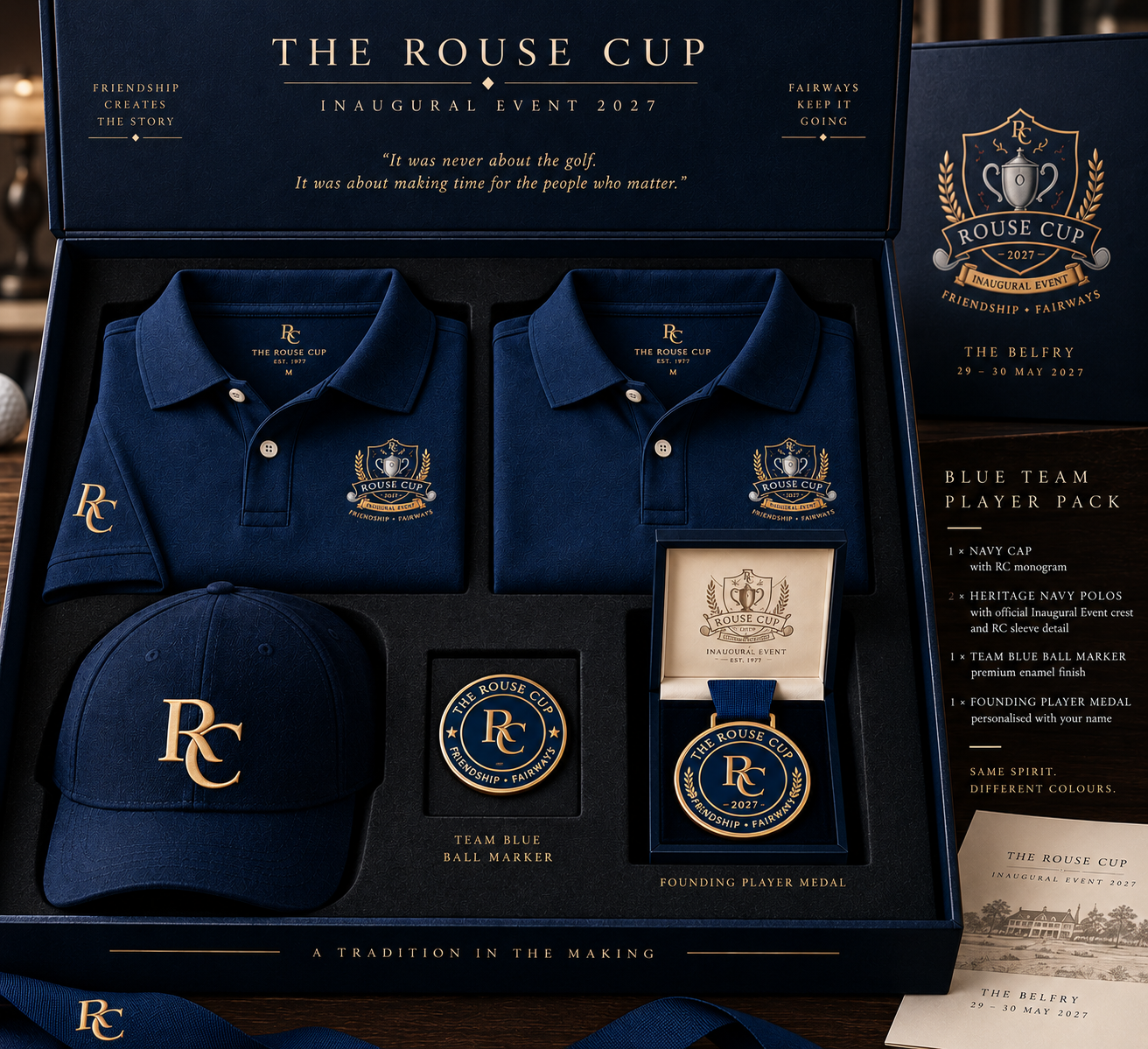 The Rouse Cup Stags Player Pack — presentation box with two Heritage Navy polos, navy RC cap, Stags ball marker and Founding Player medal